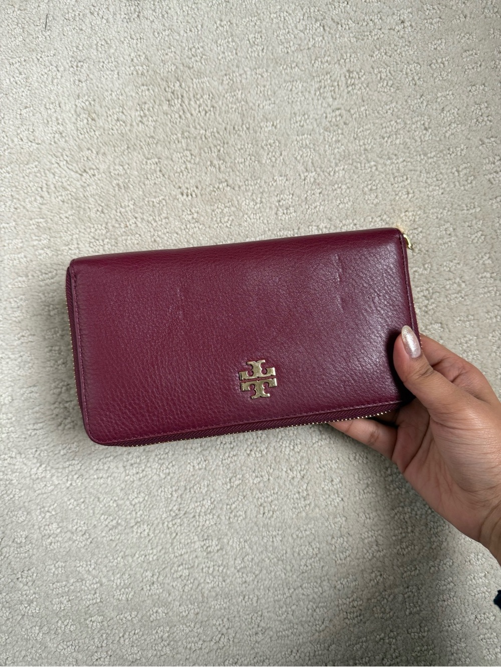 Tory Burch Burgundy Zip-Around Leather Wallet with Gold Logo